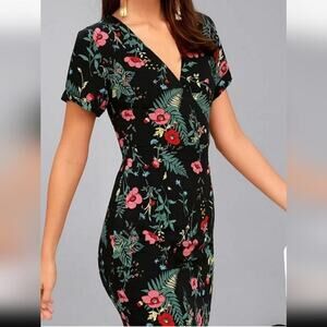 Lulu's Night in the Jungle Dark Floral Body Hugging V-Neck Mini Dress S